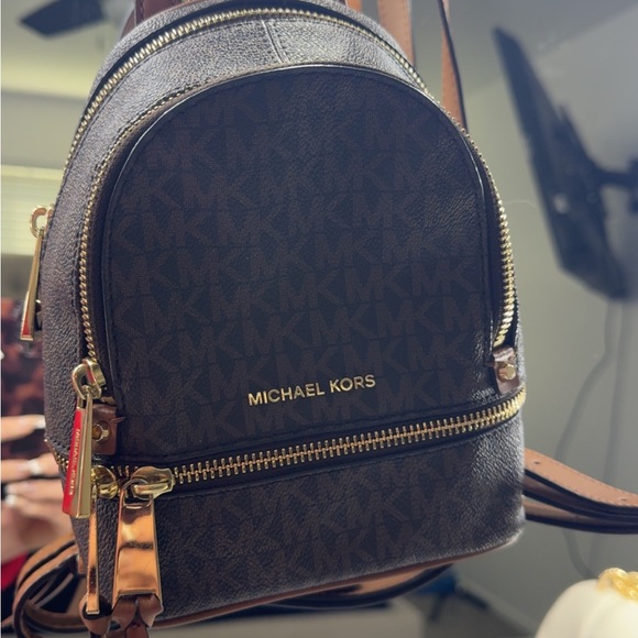 Michael Kors Rhea Mini Logo Dark Brown Backpack with Gold Accents - Picture 1 of 11